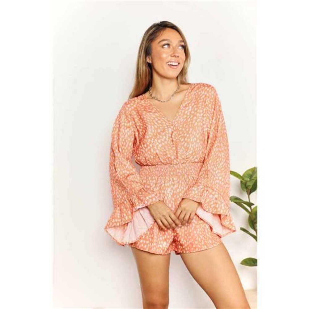 NWT Double Take Printed Flare Sleeve Surplice Romper in Tangerine, Flirty, Fun - Picture 3 of 5